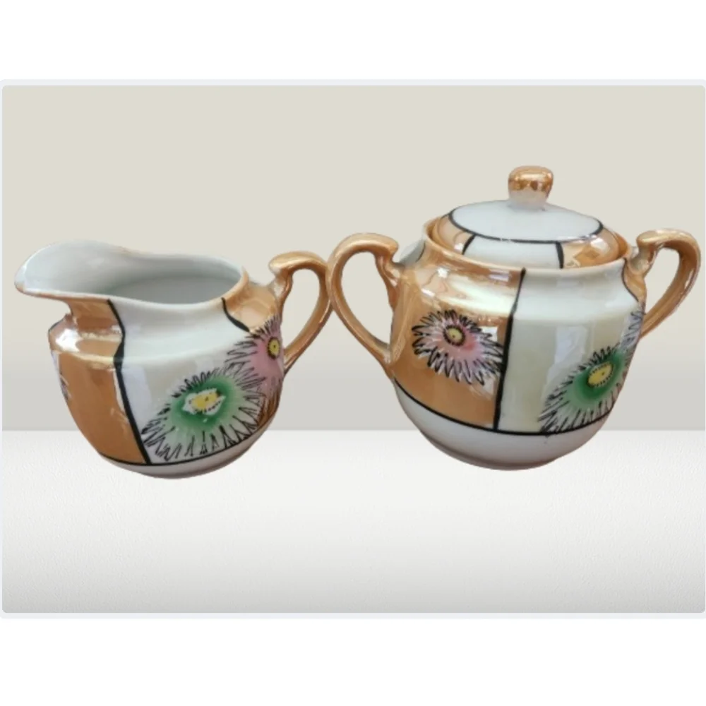 VTG Iridescent Lusterware Sugar Bowl and Creamer Hand-Painted Japan